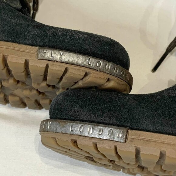 Fly London Sz 6.5 Yip Black Suede Leather Buckle Lace Up Block Heel Ankle Boots - Picture 6 of 15